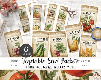 Seed Packet Junk Journal Fussy Cuts, Vintage Vegetable Ephemera, Gardening Scrapbooking Cards, Printable Retro Vege Patch Theme Cards