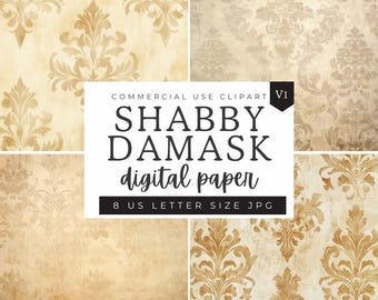 Damask Pattern Digital Paper, Beige Shabby Chic Distressed Texture Patterns, Scrapbooking Paper Decoupage Ephemera, Fleur De Lis