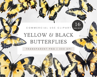 Yellow & Black Butterfly Clipart, Yellow Butterflies Clip Art, Watercolor Butterfly PNG, Tiger Swallowtail inspired Butterflies Graphics