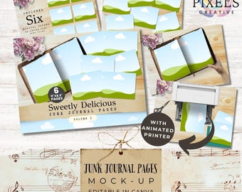 Junk Journal Pages Mockup, Etsy Listing Template for US Letter Size Digital Papers, Drag and Drop Canva Mockup, Animated Printer