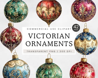 Victorian Christmas Ornament Clip Art Download, Vintage Xmas Baubles, Traditional Christmas Decorations, Red Green Gold Blue Christmas Tree