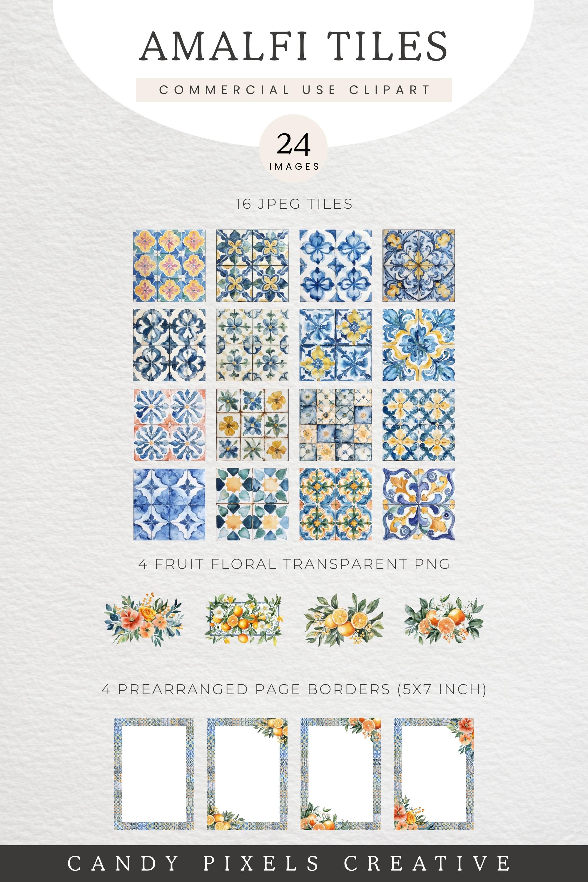 Amalfi Tile Clipart, Watercolor Mediterranean Tiles & Borders Clip Art ...
