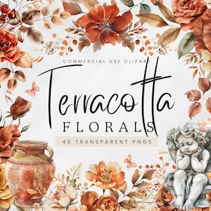 Pack de cliparts floraux en terre cuite, usage commercial, botanique de mariage d'automne, Boho aquarelle PNG, fleur neutre orange et marron, PNG transparent