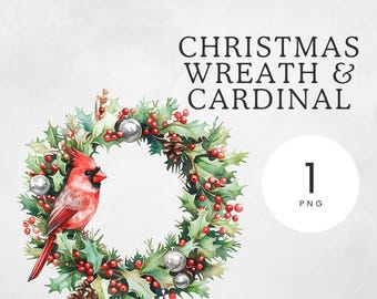 Winter Wreath With Bird Clipart, Christmas Wreath PNG, Holly with Red Cardinal, Winter Clip Art, Watercolor Bird Illustration, Xmas Graphics