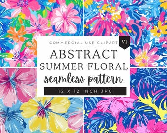 Preppy Floral Digital Paper, Abstract Bright Floral Seamless Patterns, Scrapbooking Paper Decoupage Ephemera, Digital Printable 12 inch