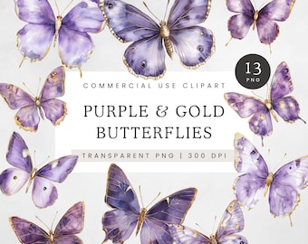 Purple & Gold Butterfly Clipart, Vintage Butterfly Illustration, Watercolor Pastel Butterflies PNG, Pretty Spring Clip Art, Insect Clip Art