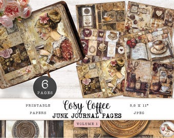 Coffee Junk Journal Pages, 6 Cafe and Pastry Printable Digital Papers, Cottagecore Coffee & Floral Collage Sheet, Paper Craft 11 x 8.5 JJPC