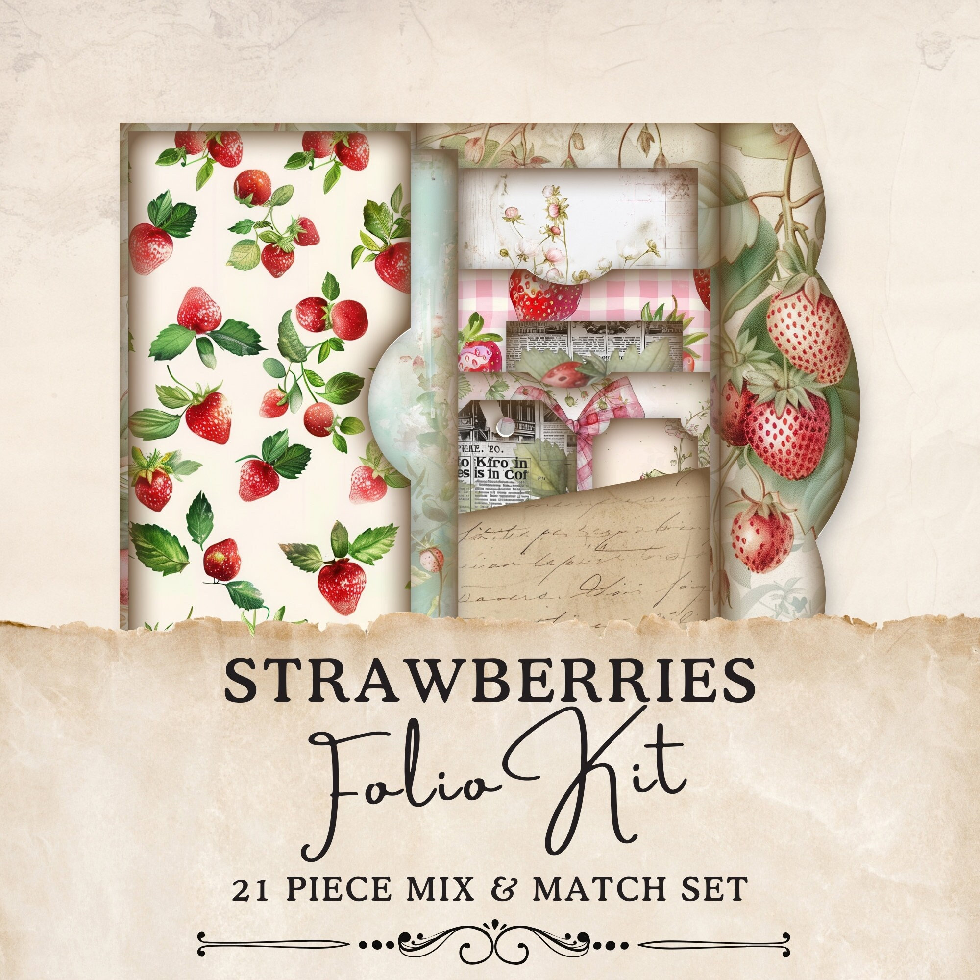 Vintage Strawberry Junk Journal Pages Folio | 21 Piece Mix & Match Pocket, Printable Ephemera, Paper Craft, Collage Sheet 11 x 8.5, JJ022