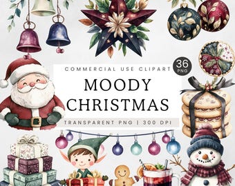 Moody Christmas Clipart, Cute Navy and Burgundy Xmas Clip Art, Dark Colors Christmas PNG, Elegant Black Christmas Clipart, Watercolor Santa