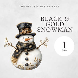 Clipart de bonhomme de neige noir et or, PNG primitif de bonhomme de neige, clipart Noël victorien, Noël noir et or, illustration aquarelle festive