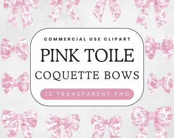 Pink Toile Bow Clipart | Light Pastel Vintage French Toile De Juoy | Coquette Bows PNG | Baby Shower Ribbons | Commercial Use Clip Art