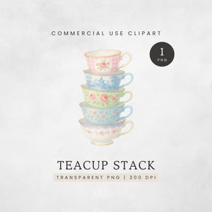 Stacked Teacups Clip Art, Floral Teacup Clip Art Single, Vintage Tea Cups Stack PNG, Watercolor Floral Tea Cup Stack Graphic, Tea Party PNG