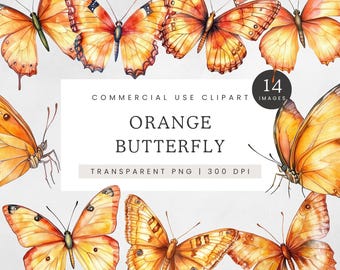Orange Butterfly PNG, Vintage Butterfly Illustration, Watercolor Pastel Butterflies Clipart, Pretty Spring Nature Clip Art, Insect Clip Art