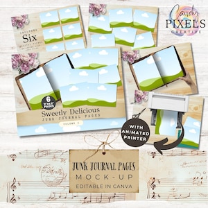 Junk Journal Seiten Mockup, Etsy Eintrag Vorlage für digitale Papiere im US Letter Format, Canva Mockup mit ziehen & ablegen, animierter Drucker