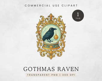 Gothmas Raven Clipart, Gothic Christmas Ornament PNG, Vintage Baroque Frame Clip Art, Raven in a Snowglobe Image, Dark Xmas Art