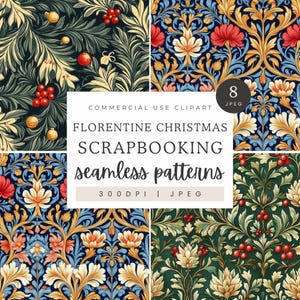 Patrones navideños florentinos sin costuras, papeles vintage para scrapbooking navideño, elegantes papeles digitales navideños, 8 diseños JPEG sin costuras