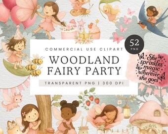 Pink Woodland Fairy Clipart, First Birthday Girl Clip Art, Pastel Fairy Graphics, Enchanted Forest PNG, Baby Shower Clipart,  Fairytale PNG