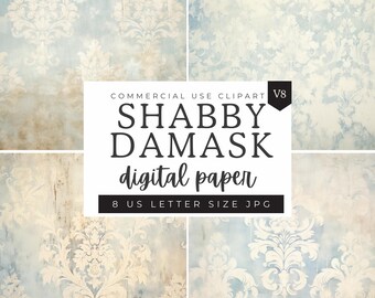 Damask Pattern Digital Paper, Pastel Blue Shabby Chic Distressed Texture Patterns, Scrapbooking Paper Decoupage Ephemera, Fleur De Lis