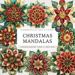 Christmas Mandala PNG, Red Green Gold Xmas Clipart, Floral Mandala, Sacred Geometry Clip Art, Ornament Graphic, Boho Watercolor
