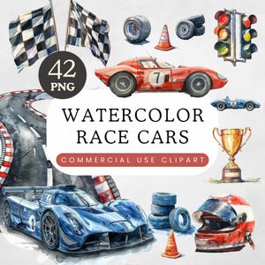 Raceauto-clipartpakket | Verjaardagsfeestje jongen, png twee snel | Aquarel blauwe en rode auto's | Cijfers, vlaggen, racebaan | Commercieel gebruik
