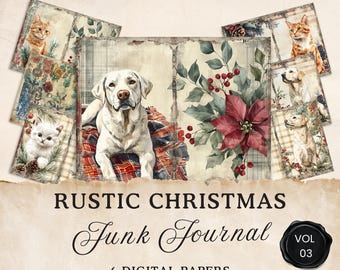 Rustic Christmas Junk Journal Pages, 6 Farmhouse Xmas Vintage Digital Printables, Seasonal Collage Sheet, Paper Craft 11 x 8.5 JJ029