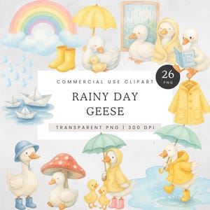 Clipart lentegans, illustraties regenachtige dag, Cottagecore Goose babyshower png, afbeeldingen schattige aquarel ganzen, commercieel gebruik, spetterende gans