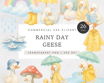Spring Goose Clipart, Rainy Day Clip Art, Cottagecore Goose Baby Shower PNG, Cute Watercolor Geese Images, Commercial Use, Splashing Goose