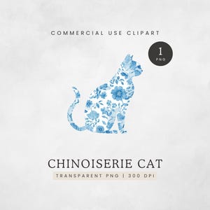 Chinoiserie chat PNG, Français toile bleu toile chat Silhouette Clipart, clipart chat motif chintz, image toile de chaton, chat floral bleu et blanc PNG