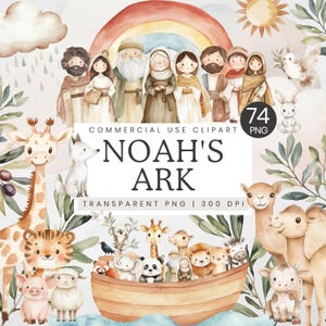 Pacchetto di clip art dell'Arca di Noè, clipart di animali biblici ad acquerello per la cameretta dei bambini, PNG della storia biblica di Noè e l'Arca, grafica carina per baby shower