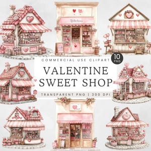 Candy Shop Clipart, Valentine Sweets Shop Transparent PNG, Watercolor Cute Candy Store Clip Art, Pastel Candy Storefront, Pink Candy Hearts