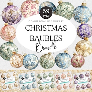 Adornos navideños, adornos de acuarela PNG, damasco rococó rosa, beige, salvia y dorado, manualidades digitales, invitaciones para decoración navideña