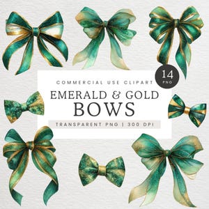 Clipart di fiocchi Coquette verde smeraldo e oro, Clip art di nastri per capelli verdi e oro, Papillon verde scuro in formato PNG, Grafica romantica con fiocco verde preppy