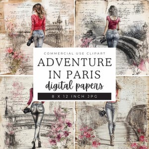Paris Junk Journal Papier, 8 junge Frau in Paris druckbare digitale Papiere, Vintage Shabby Chic Collage Sheet, Papierhandwerk 11 x 8,5 JJPAP