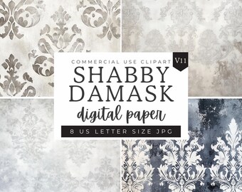 Damask Pattern Digital Paper, Silver Shabby Chic Distressed Texture Patterns, Scrapbooking Paper Decoupage Ephemera, Fleur De Lis