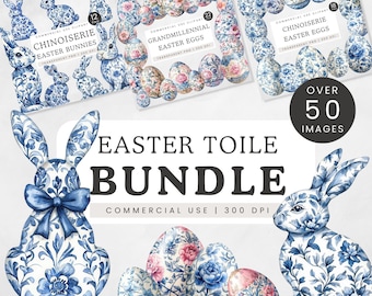 Easter Toile Clipart Bundle, Chinoiserie Easter Bunny Clip Art, Grandmillennial Easter PNG, Coquette Easter Graphics, Spring Floral Eggs