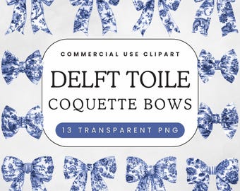 Delft Blue Toile Bow Clipart | Light Pastel Vintage French Toile De Juoy | Coquette Bows PNG | Baby Shower Ribbons | Commercial Use Clip Art