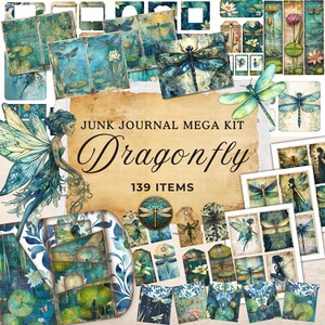 Dragonfly Junk Journal Kit | Art Journal Paper Pages Folio Ephemera Printable Kit | Shabby Chic Digi Kit | Collage Sheet | 11 X 8.5 | JJ001