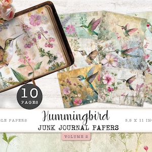Hummingbird Junk Journal Digital Papers, 10 Nature Printable Pages, Bird and Floral Collage Sheet, Vintage Paper Craft 11 x 8.5 JJPHB