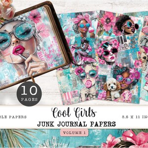 Cool Girl Junk Journal Digital Papers, 10 City Girl Aesthetic Printable Pages, Blue & Pink Collage Sheet, Paper Craft 11 x 8.5 JJPCG