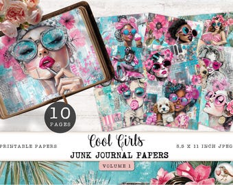Cool Girl Junk Journal Digital Papers, 10 City Girl Aesthetic Printable Pages, Blue & Pink Collage Sheet, Paper Craft 11 x 8.5 JJPCG