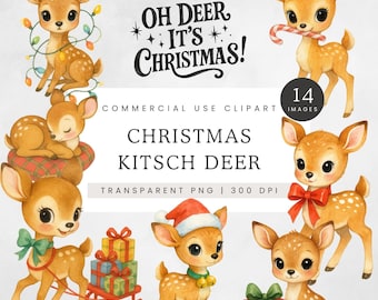 Christmas Kitsch Deer Clipart, Watercolor Vintage Xmas Fawn Clip Art, Retro Christmas Deer PNG, Kitschy Festive Card Making Graphics