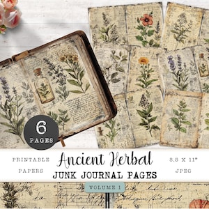 Apotheker ongewenste dagboekpagina's, 6 botanische kruiden vintage digitale printables, kruidencollagevel, Paper Craft 11 x 8,5 JJPA