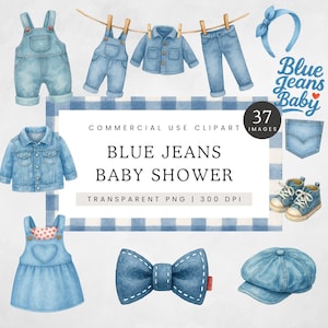 Blue Jean Clipart, Denim Baby Clip Art, Boy Baby Clothesline PNG, Denim Baby Shower Graphics, Blue Jeans Baby Images, Denim Baby Hair Bow