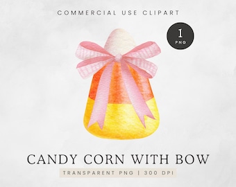 Candy Corn Png Coquette Bow Clipart, Watercolor Candy With Pink Ribbon Clip Art, Cute Halloween PNG, Sweet Girly Fall Design, Digital File