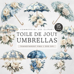 Clipart parapluie floral, bleu toile de Jouy parapluie Clip Art, May Showers Baby shower Invitation graphiques, Français motif parapluie PNG