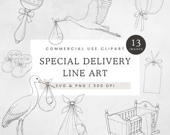 Stork Baby SVG Clipart, Special Delivery Baby Shower Line Art, New Baby PNG, Birth Announcement Stork SVG, Commercial Use