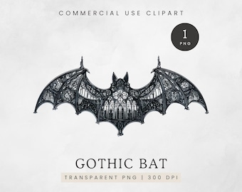 Gothic Bat Clipart, Ornate Cathedral Style Bat Clip Art, Dark Aesthetic Bat, Halloween Party invitation Graphics, Spooky Art PNG