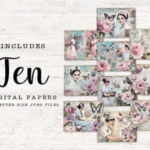 Krankenschwester Junk Journal, Digitale Papiere, 10 druckbare Seiten, Lila Blumen Collage Sheet, Vintage Papier Handwerk 11 x 8,5 JJPHB Bild 2