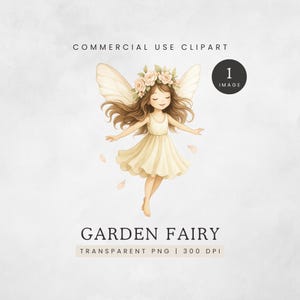 Clipart di fata floreale, clipart di fata primaverile neutra, grafica di fata floreale singola, fata ragazza serena, fata carina del giardino, abito da fata beige