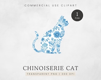 Chinoiserie Cat PNG, French Blue Toile Cat Silhouette Clipart, Chintz Pattern Cat Clip Art, Toile Kitten Image, Blue & White Floral Cat PNG